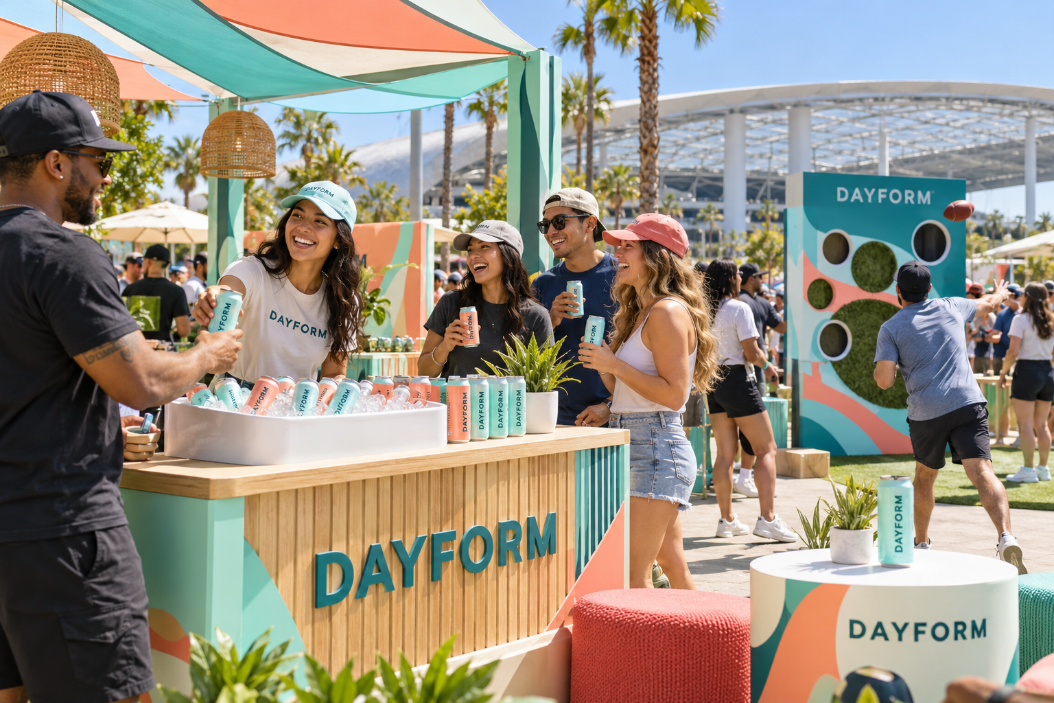 Daytime DAYFORM CPG sampling and fan activation outside a Los Angeles stadium
