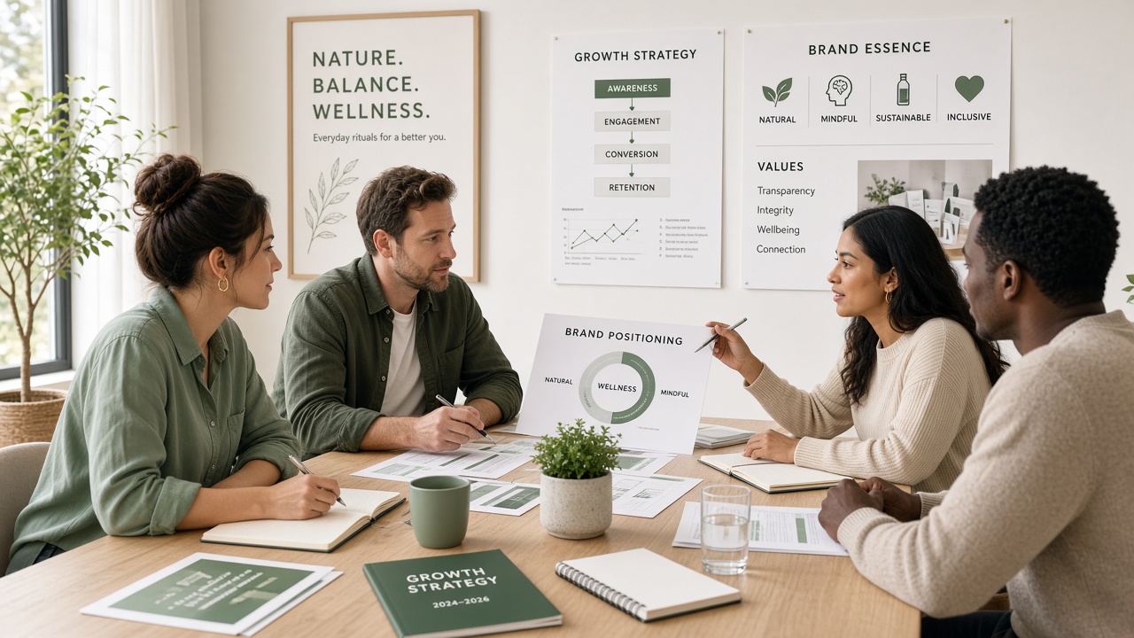 Wellness startup team reviewing brand strategy and growth marketing plans