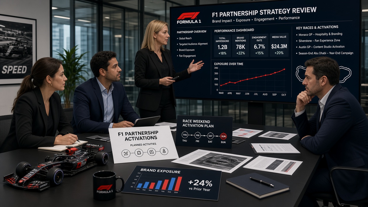 F1 sponsorship marketing team reviewing partnership strategy