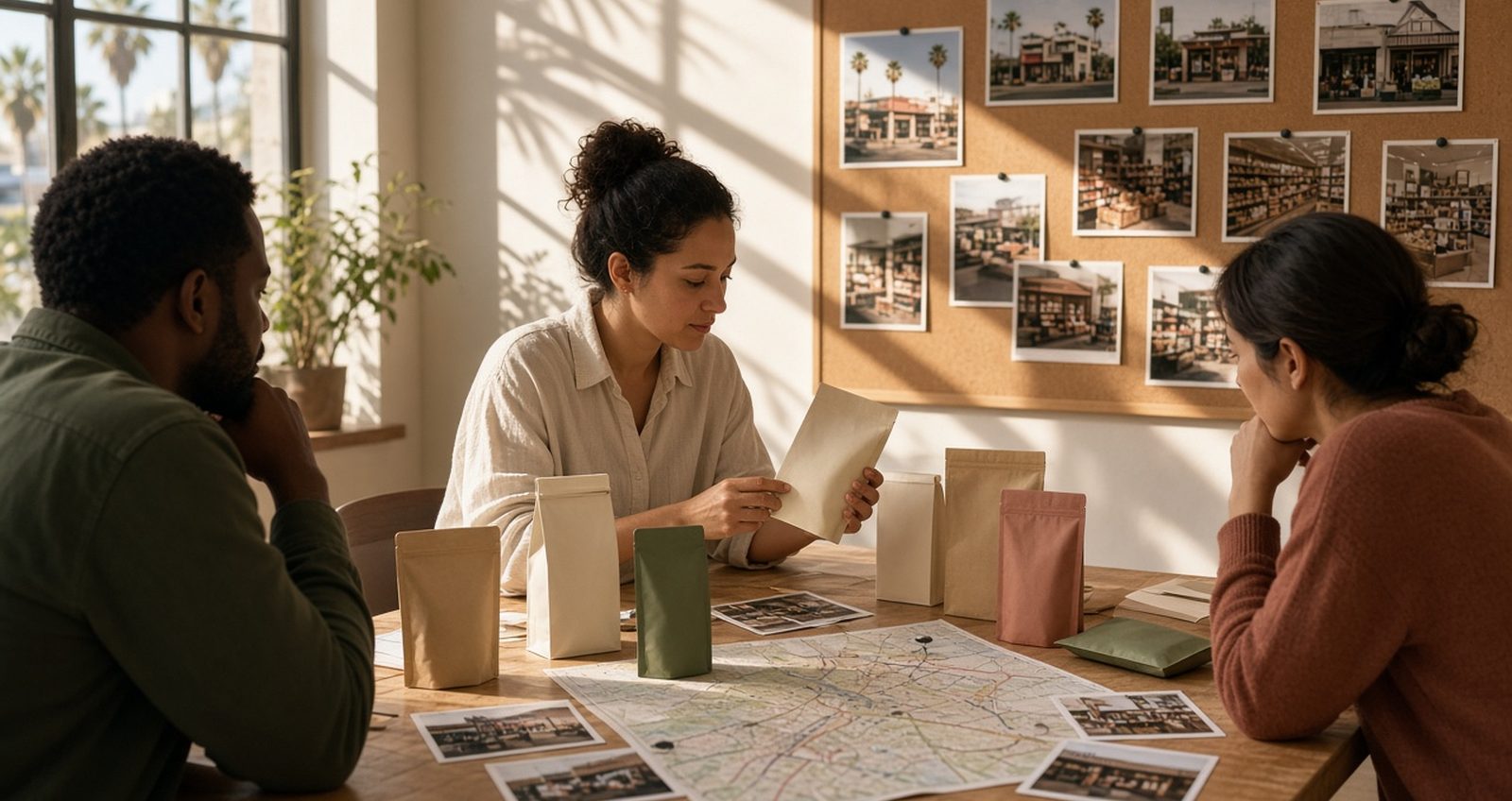 CPG launch team reviewing Los Angeles retail locations and product messaging