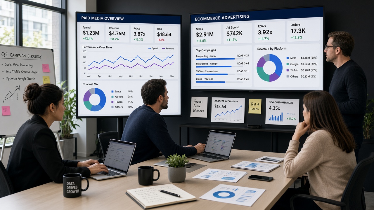 CPG brand team analyzing paid media and ecommerce advertising