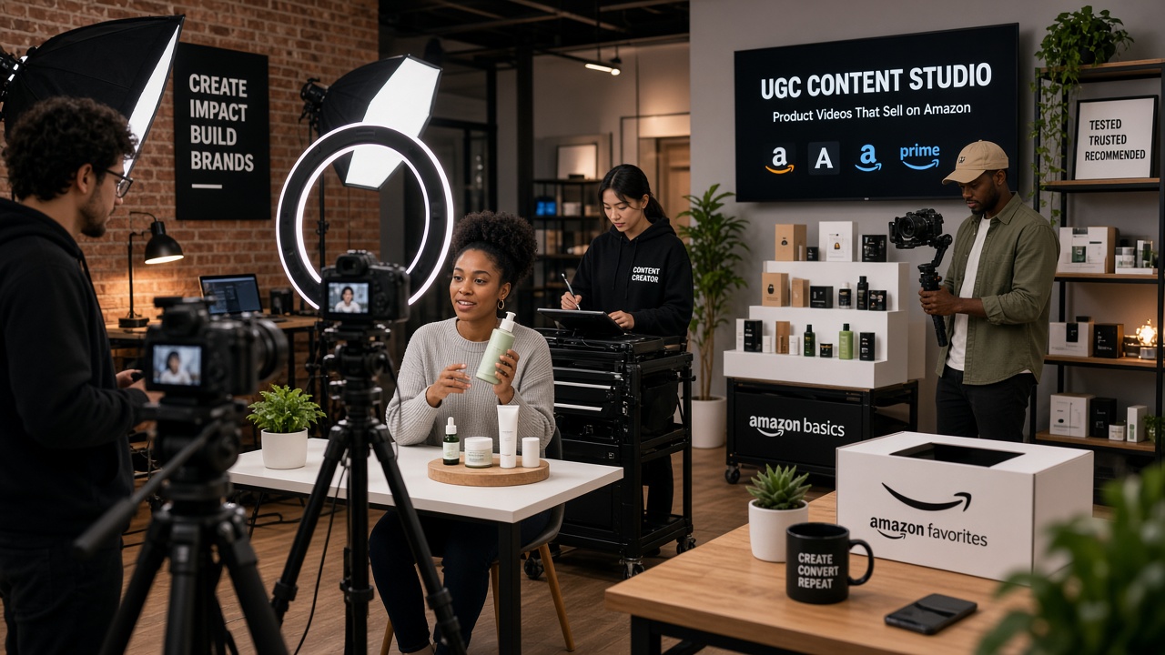 Creators filming UGC product content for Amazon CPG brands in content studio