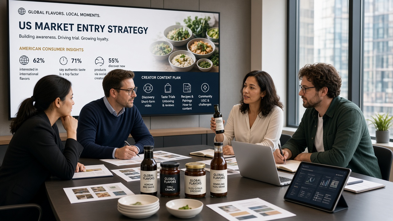 International food brand team planning US market entry strategy