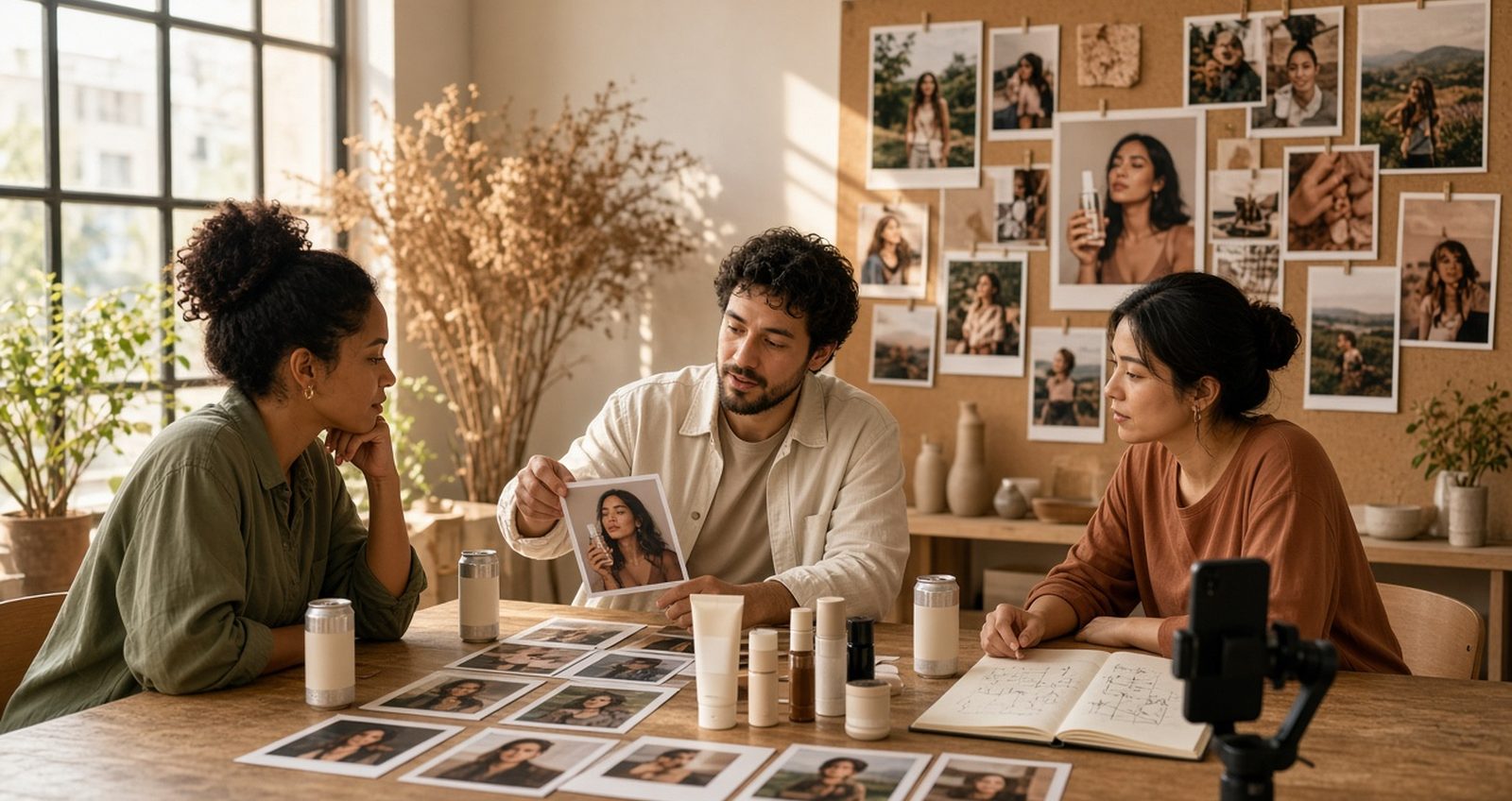 Marketing team reviewing creator photos and CPG products for an influencer campaign