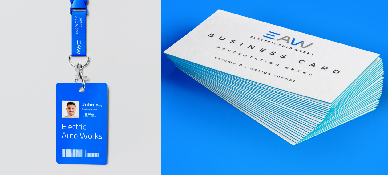 A stack of EAW brand business cards and a lanyard.