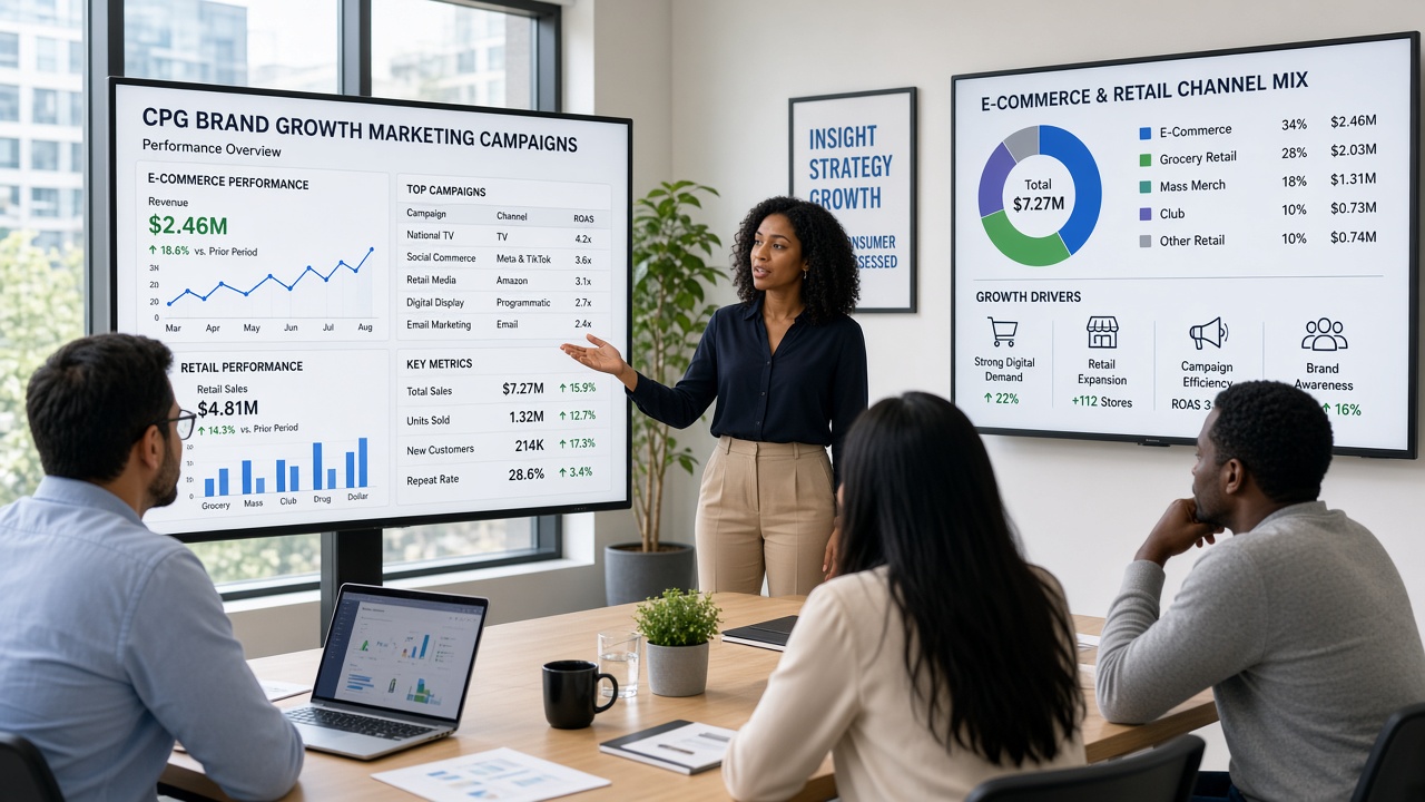 CPG brand team reviewing growth marketing alternatives in modern office