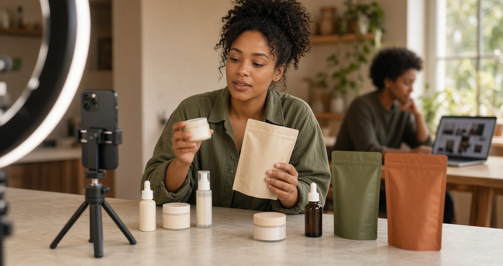 Content creator filming a UGC product video for CPG skincare and snack brands