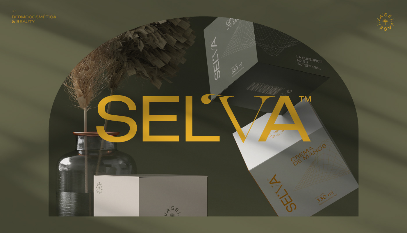 Selva logotype over product renders.