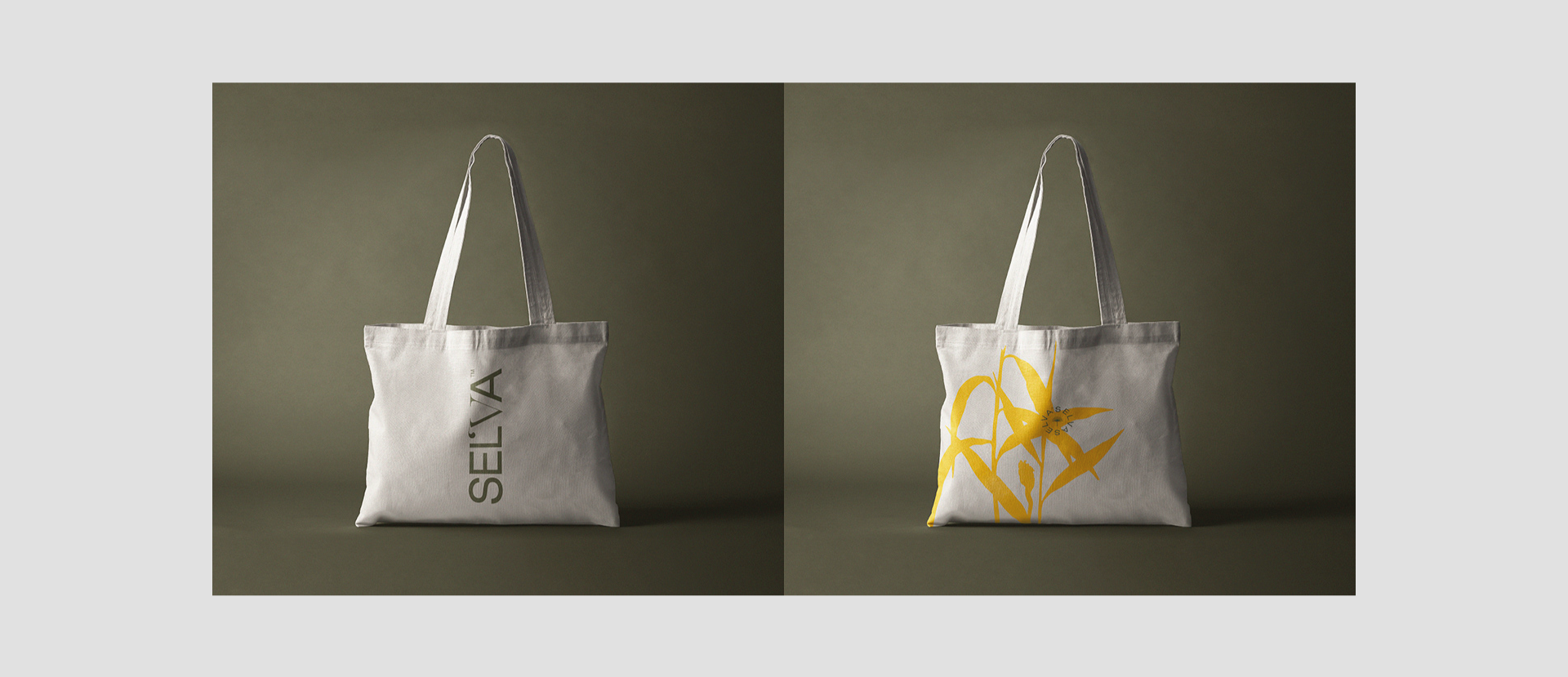 Two tote bags with Selva branding.