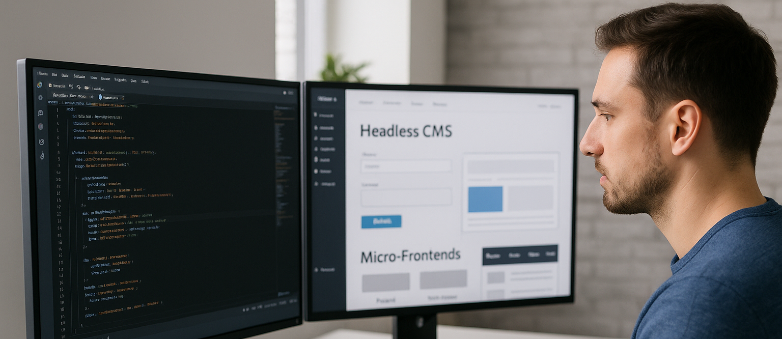 A web developer working at a dual-monitor setup, with one screen displaying JavaScript code and the other showing a headless CMS interface and micro-frontends layout, representing modern scalable web architecture.