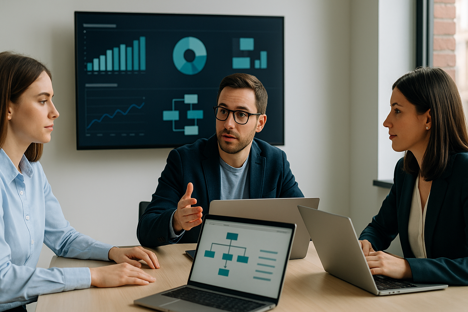 Three marketing professionals in a modern office discussing digital strategy, with laptops and a screen displaying analytics and workflow charts, representing B2B growth through content, ABM, and automation.