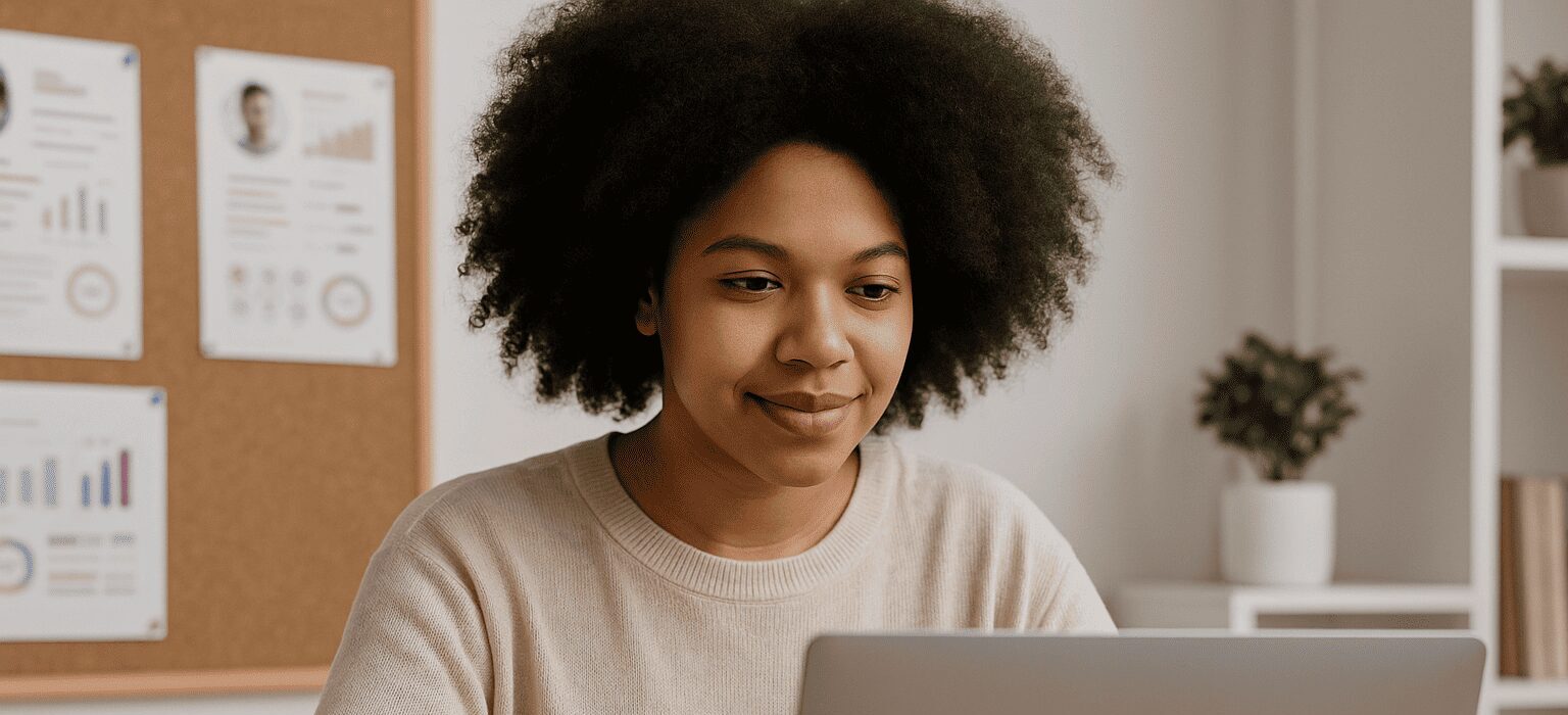 A focused marketing professional working on a laptop with influencer analytics dashboards in the background, representing AI influencer discovery and creator analysis.