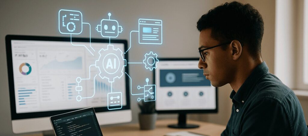 Web developer coding with AI automation icons and analytics dashboards on screen